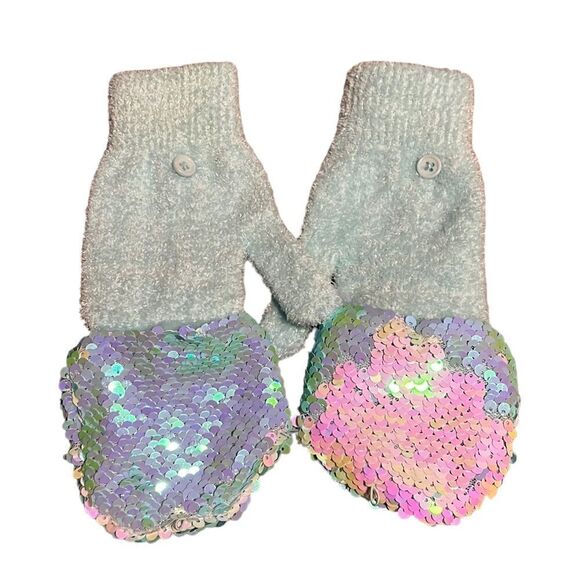 Mittens Gloves One Size Justice Blue Flip Sequin Button & Loop Soft Sparkle - Picture 2 of 8